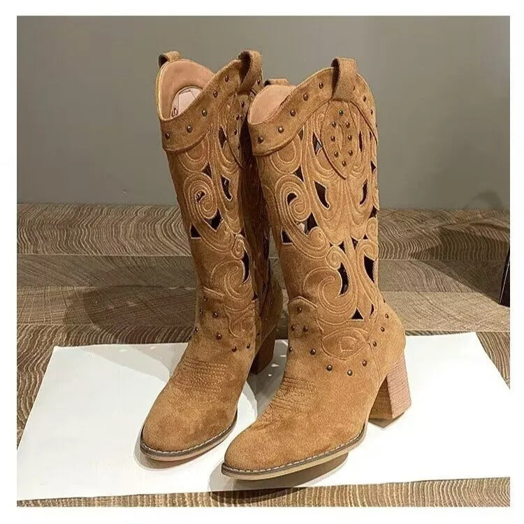 Damen - Stylische Cowboystiefel aus Leder in Uni-Farbe - Perfekte Kombination aus Komfort und Design