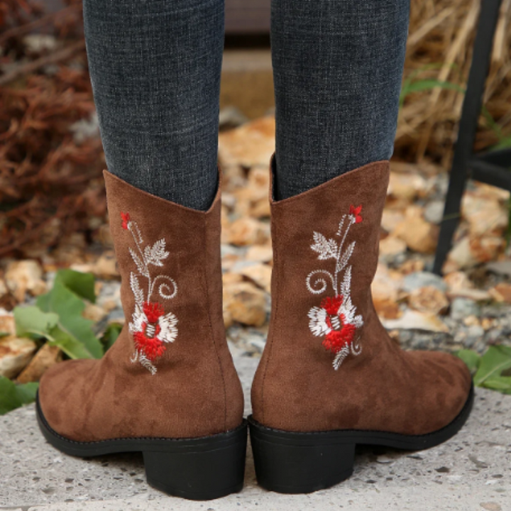 Damenstiefeletten mit Blumenstickerei und Reißverschluss - Damenstiefeletten