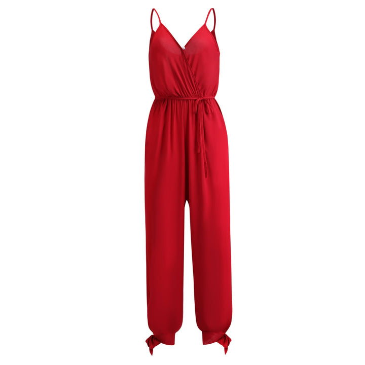 Damen - Langer Jumpsuit - Baumwolle und Polyester Eleganter Tiefer Ausschnitt mit V-Träger - Trendy und Stilvoll