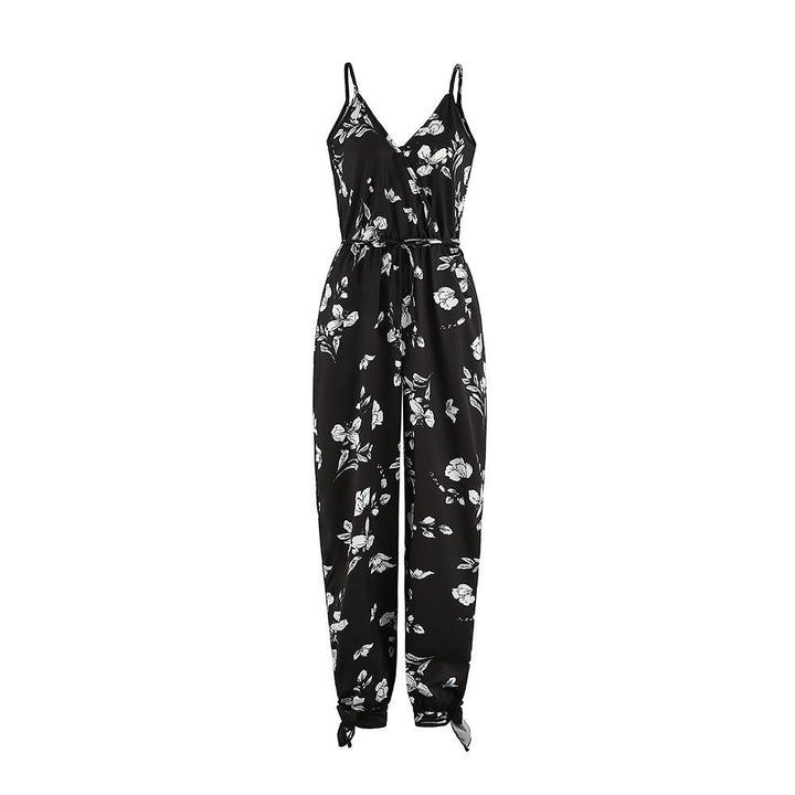 Damen - Langer Jumpsuit - Baumwolle und Polyester Eleganter Tiefer Ausschnitt mit V-Träger - Trendy und Stilvoll