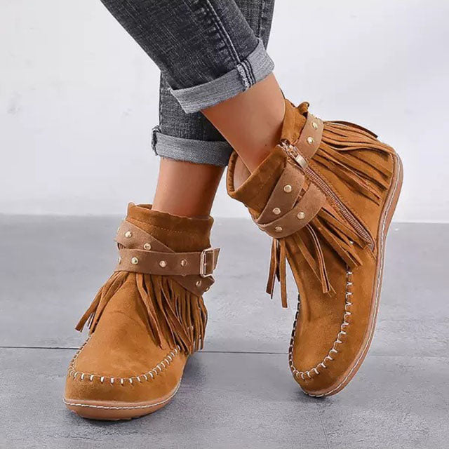 Damen - Vintage Stiefel - Leder mit Fransen - Trendy Bohemian Style für einen einzigartigen Look