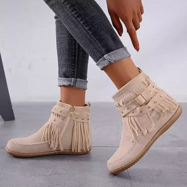 Damen - Vintage Stiefel - Leder mit Fransen - Trendy Bohemian Style für einen einzigartigen Look