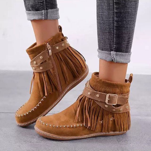 Damen - Vintage Stiefel - Leder mit Fransen - Trendy Bohemian Style für einen einzigartigen Look