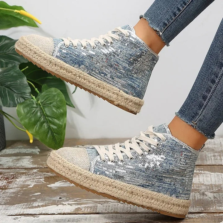 Damen - Denim-Sneakers - Glitzernd und Zeitlos - Stylische Freizeit-Schuhe für jeden Anlass