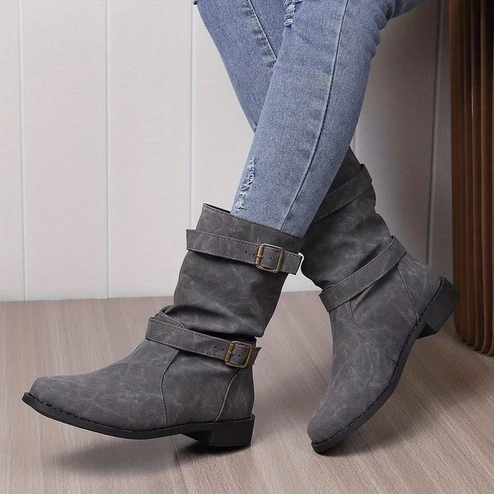 Damen - Slouchy Stiefeletten - Vintage Charme mit Schnalle und Riemen - Western Stil