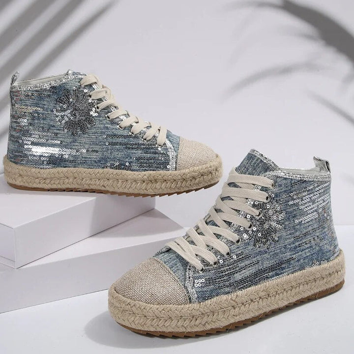 Damen - Denim-Sneakers - Glitzernd und Zeitlos - Stylische Freizeit-Schuhe für jeden Anlass