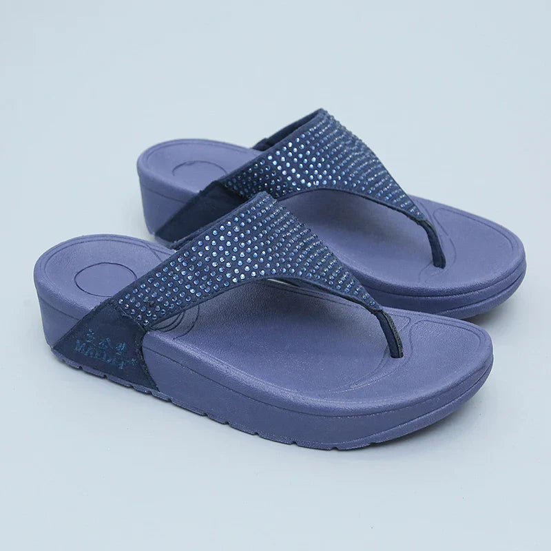 Sommer-Damen-Strass-Flip-Flops: Bequeme Plateau-Sandalen mit Keilabsatz für Outdoor-Strand- und Indoor-Freizeitkleidung, rutschfeste Gummi-Außensohle