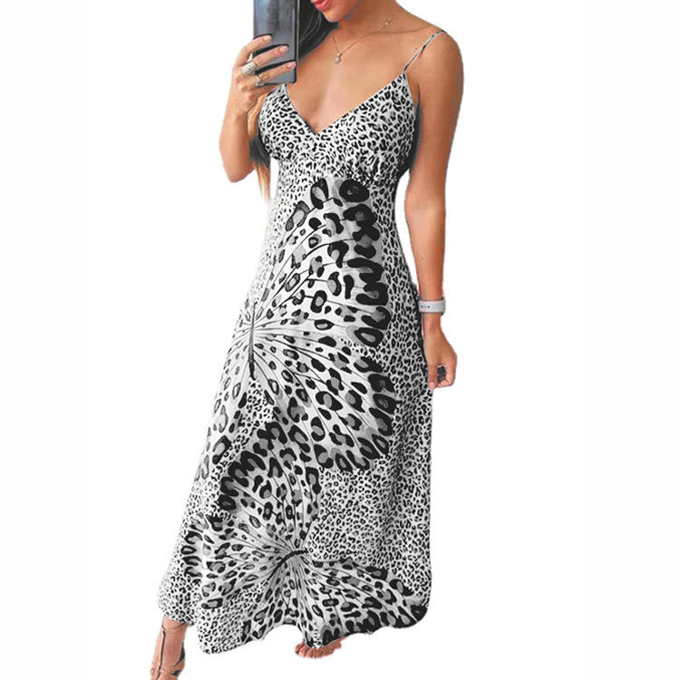 Damen - Kleid - Ärmelloses  mit Leoparden- und Schmetterlingsmuster - Polyester V-Ausschnitt - Ideal für jeden Anlass