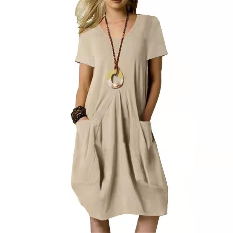 Damen - Leinen Kleid - Baumwolle Stoff Einfarbig, Locker, Rundhals, Kurzarm - Bequemes Sommeroutfit