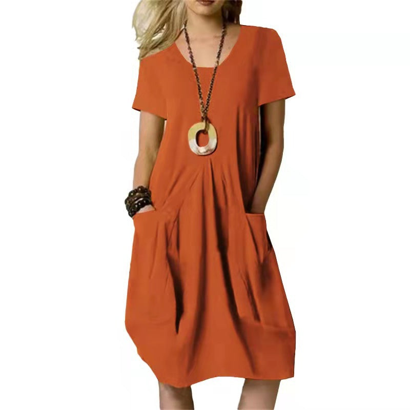 Damen - Leinen Kleid - Baumwolle Stoff Einfarbig, Locker, Rundhals, Kurzarm - Bequemes Sommeroutfit