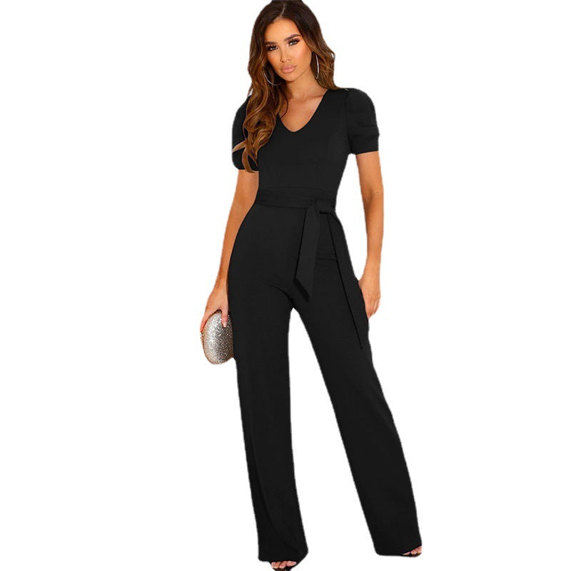 Damen - Overall - Polyester und Spandex Einfarbiger V-Ausschnitt - Weit Beins Langer Hosenanzug - Modischer Jumpsuit