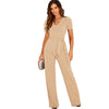 Damen - Overall - Polyester und Spandex Einfarbiger V-Ausschnitt - Weit Beins Langer Hosenanzug - Modischer Jumpsuit