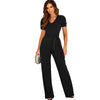 Damen - Overall - Polyester und Spandex Einfarbiger V-Ausschnitt - Weit Beins Langer Hosenanzug - Modischer Jumpsuit