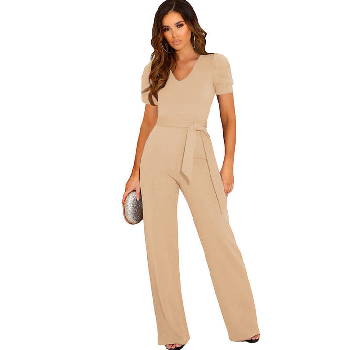 Damen - Overall - Polyester und Spandex Einfarbiger V-Ausschnitt - Weit Beins Langer Hosenanzug - Modischer Jumpsuit