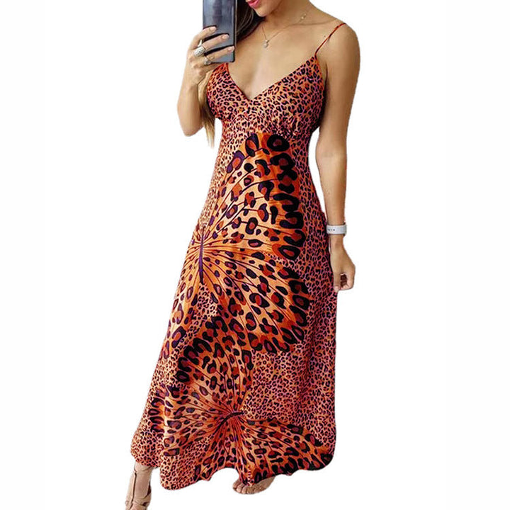 Damen - Kleid - Ärmelloses  mit Leoparden- und Schmetterlingsmuster - Polyester V-Ausschnitt - Ideal für jeden Anlass