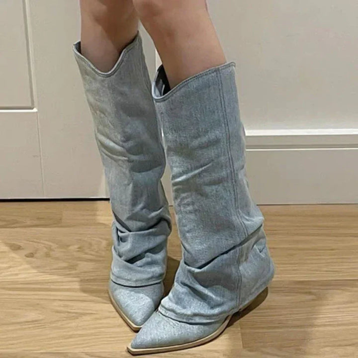 Dames - Denim Knielaarzen - Trendy Stijl - Modieuze Schoenen