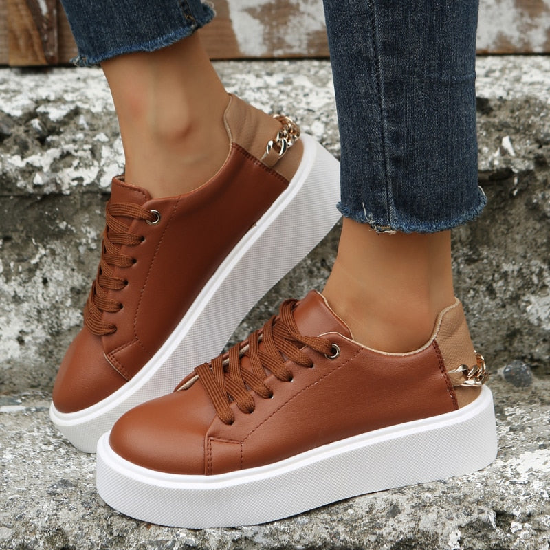 Damen - Niedrige Schnürschuhe - Bequeme Leder-Sneaker - Modischer Stil für Alltag und Freizeit