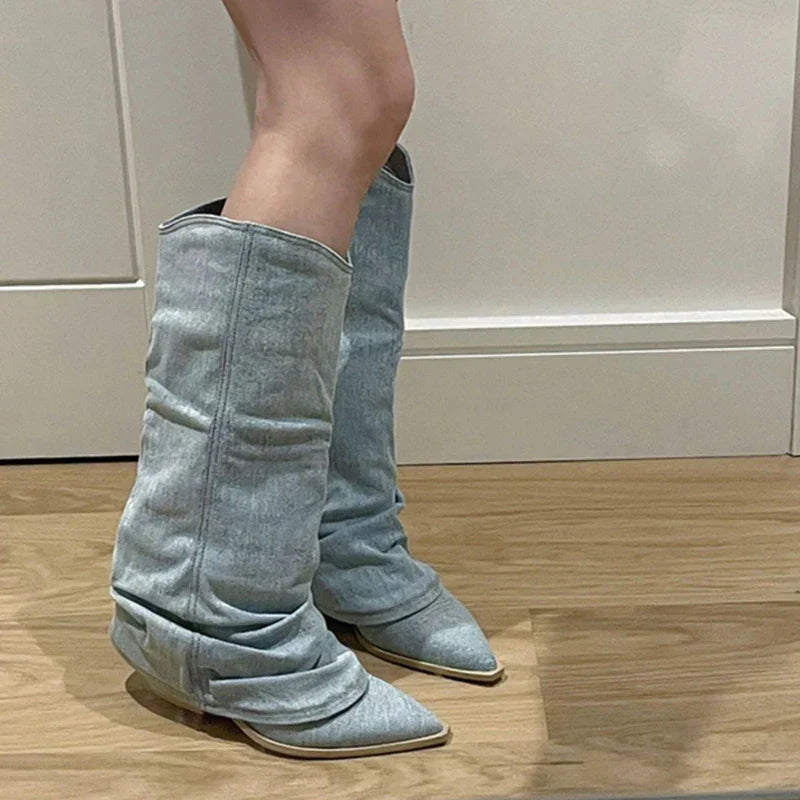 Dames - Denim Knielaarzen - Trendy Stijl - Modieuze Schoenen