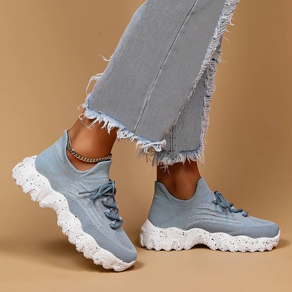 Damen - Hellblaue elastische Sockenschuhe - Bequeme Strick-Sneaker - Ideal für Freizeit und Alltag