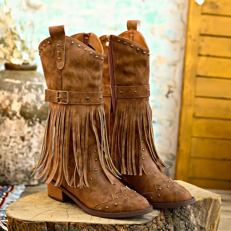 Damen - Cowboy-Stiefel - Robuste Lederqualität mit Dicken Absätzen - Stylische Western-Schuhe für jeden Anlass