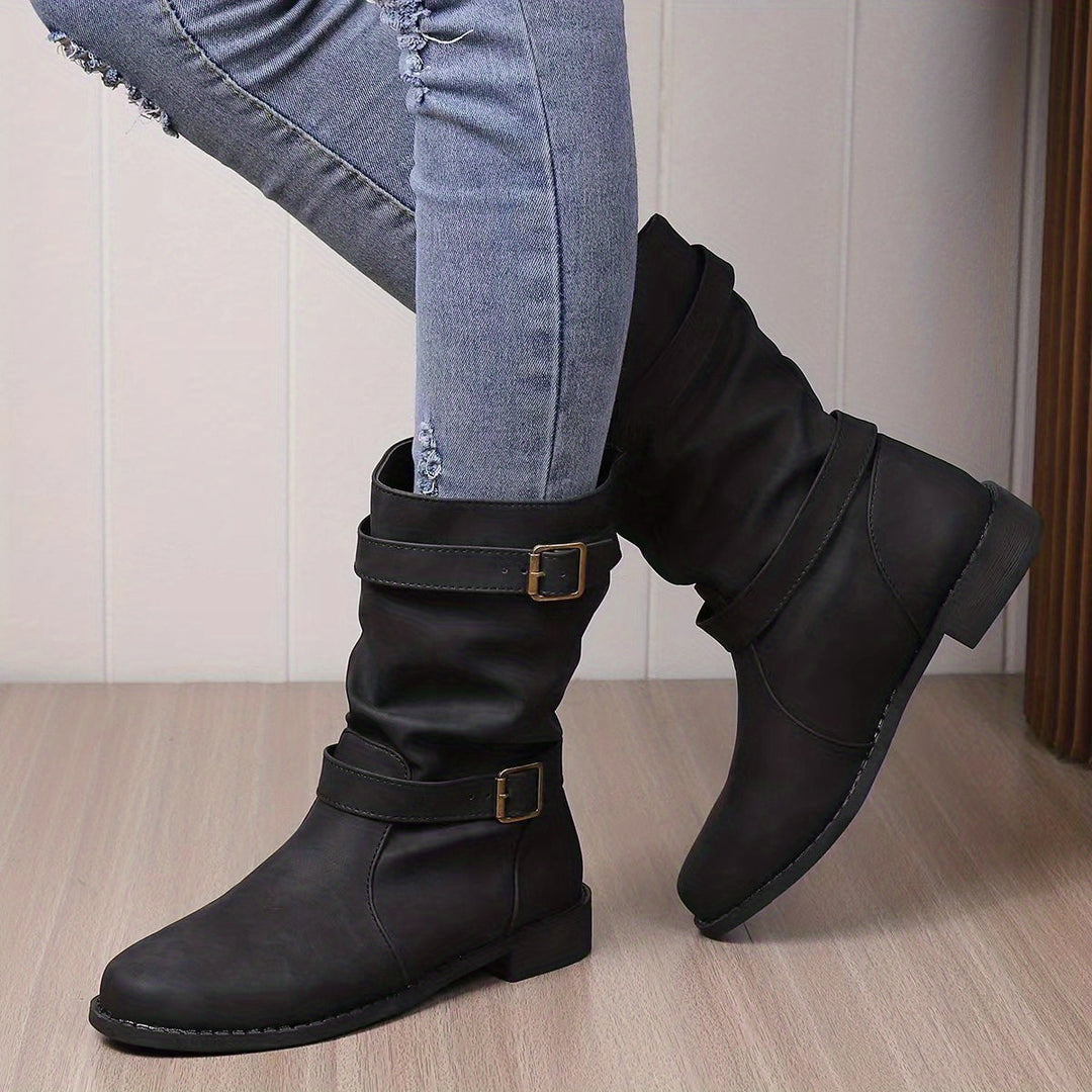 Damen - Slouchy Stiefeletten - Vintage Charme mit Schnalle und Riemen - Western Stil