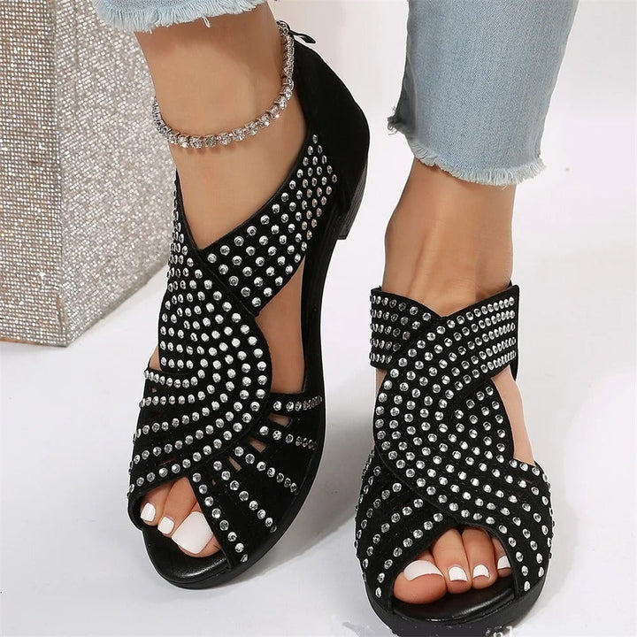 Damen - Bequeme Strass Sandalen - Elegante Fußbekleidung - Glitzernde Details - Perfekt für den Sommer